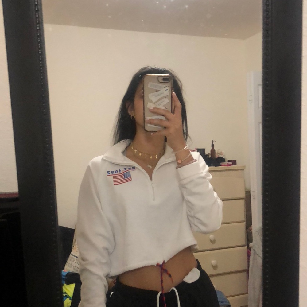 Cropped Zip Up White Sweater